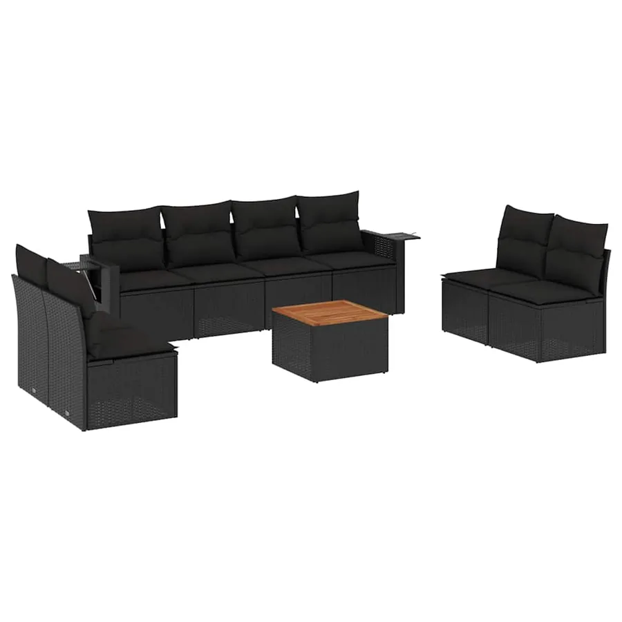 Salon de jardin 9 pcs avec coussins noir résine tressée - 2