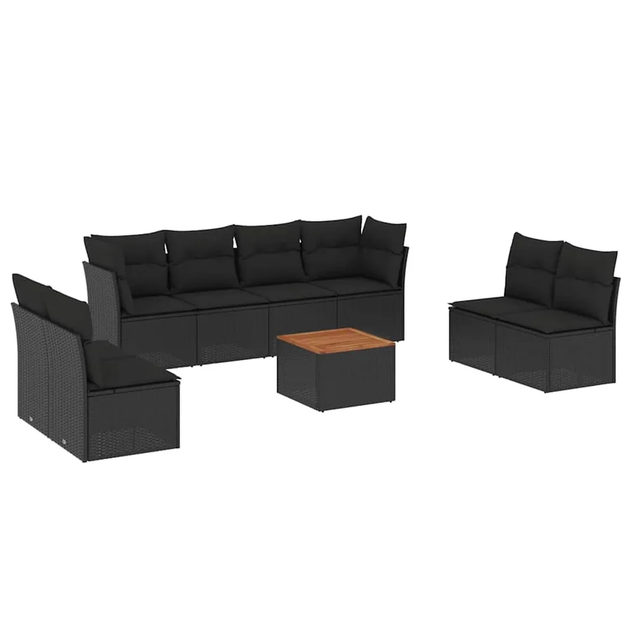 Salon de jardin 9 pcs avec coussins noir résine tressée - 2
