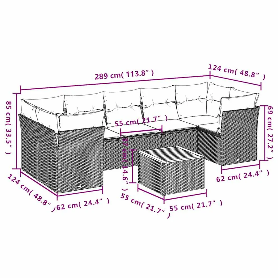 Salon de jardin 8 pcs avec coussins noir résine tressée - 10