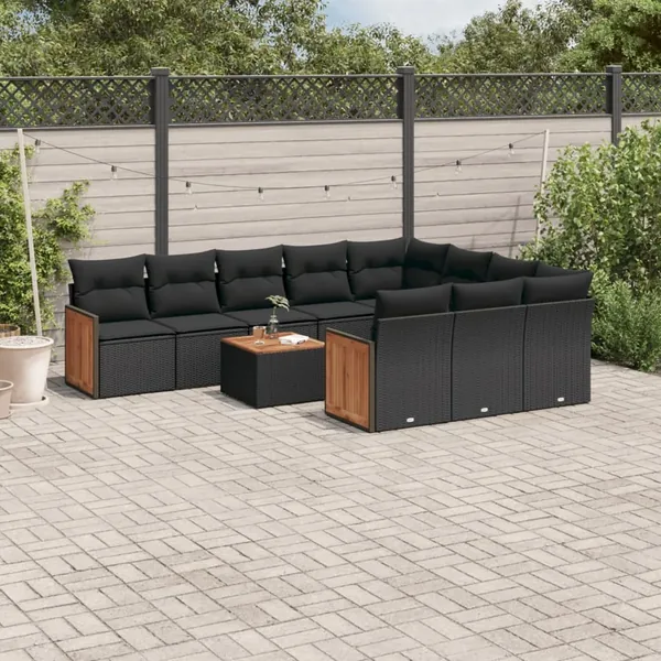 Salon de jardin 11 pcs avec coussins noir résine tressée