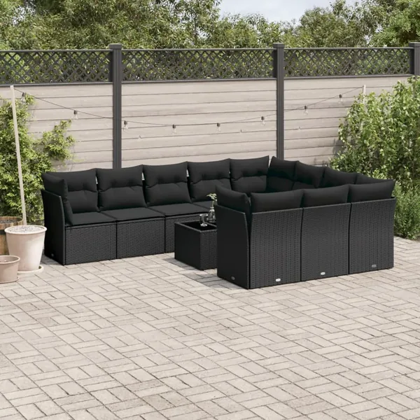 Salon de jardin 11 pcs avec coussins noir résine tressée