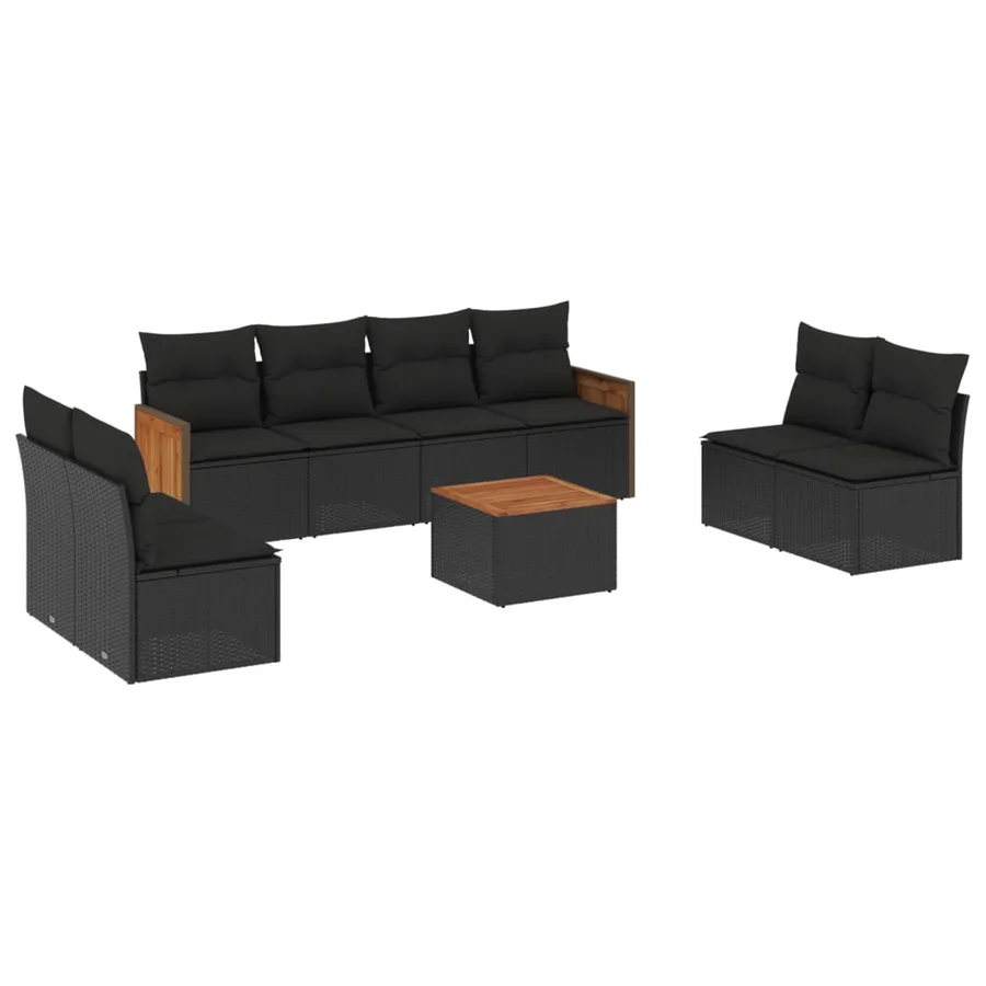 Salon de jardin 9 pcs avec coussins noir résine tressée - 2