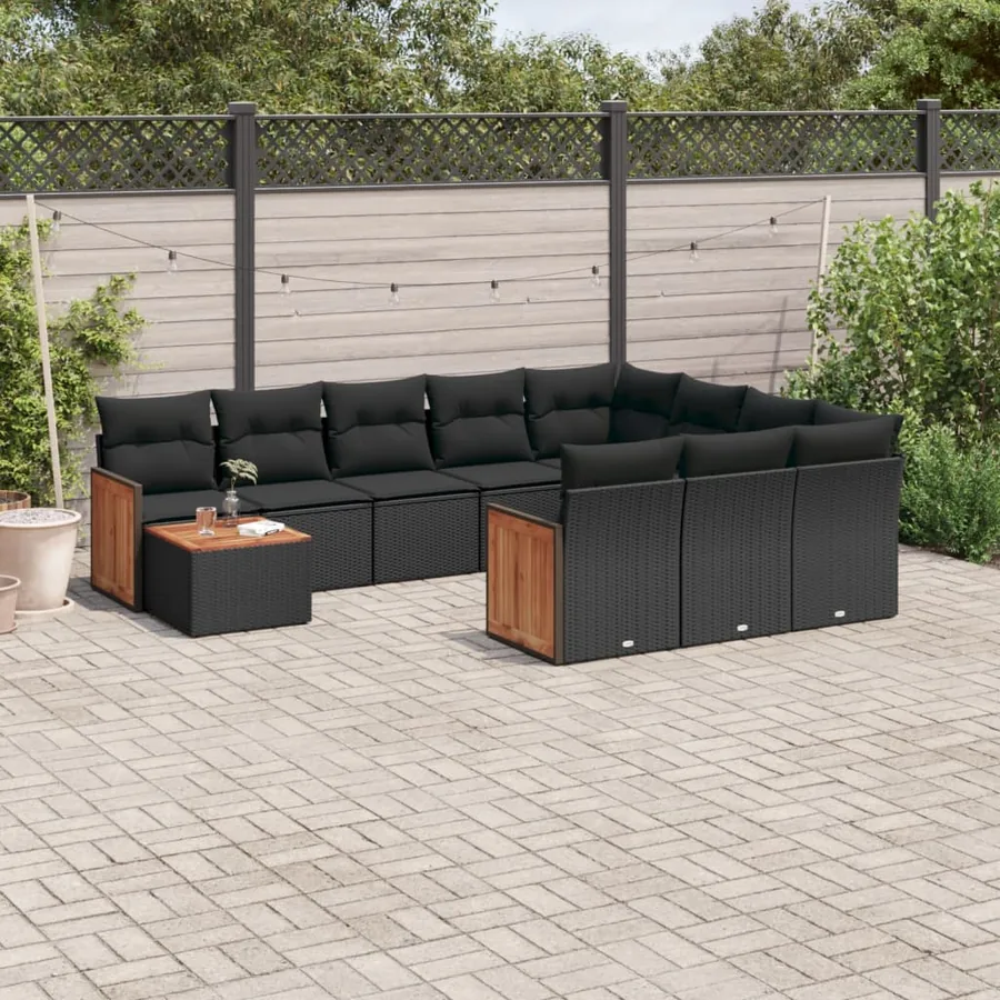 Salon de jardin 11 pcs avec coussins noir résine tressée