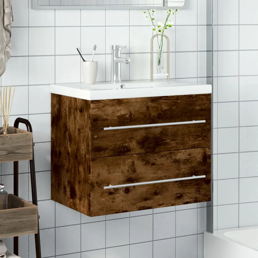 Armoire lavabo de salle de bain avec bassin intégré chêne fumé - 3