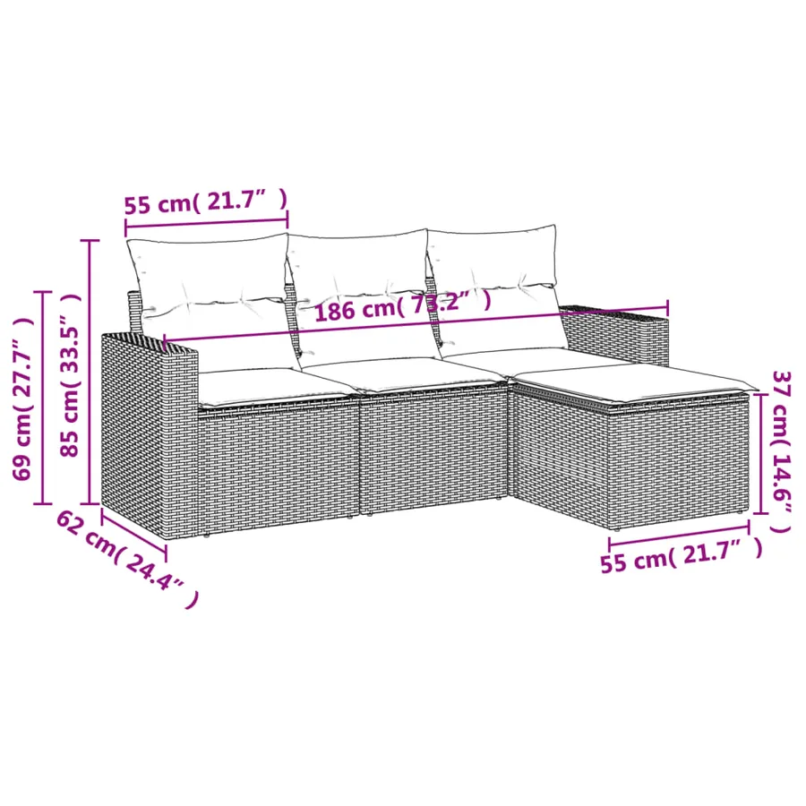 Salon de jardin 4 pcs avec coussins noir résine tressée - 3