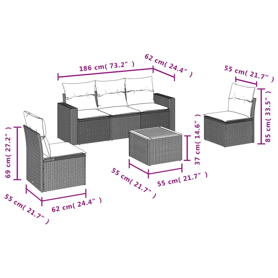 Salon de jardin 6 pcs avec coussins noir résine tressée - 3