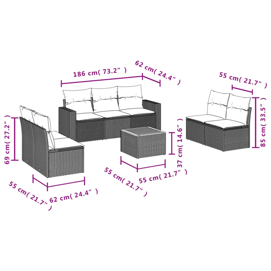 Salon de jardin 8 pcs avec coussins noir résine tressée - 3