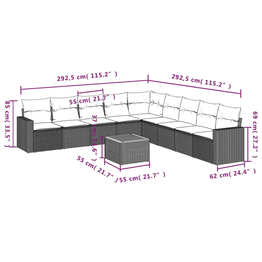 Salon de jardin 10 pcs avec coussins noir résine tressée - 3