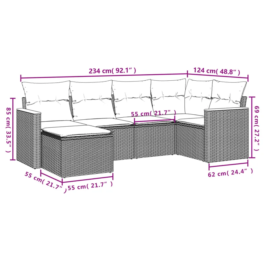 Salon de jardin 6 pcs avec coussins noir résine tressée - 8