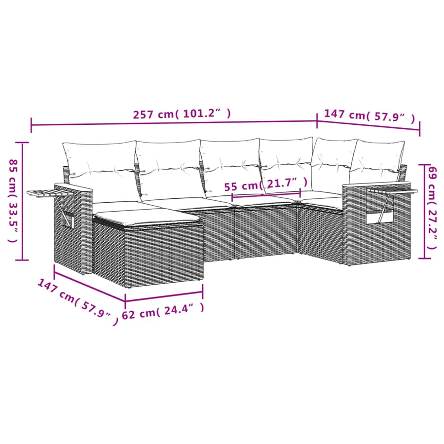 Salon de jardin 6 pcs avec coussins noir résine tressée - 9
