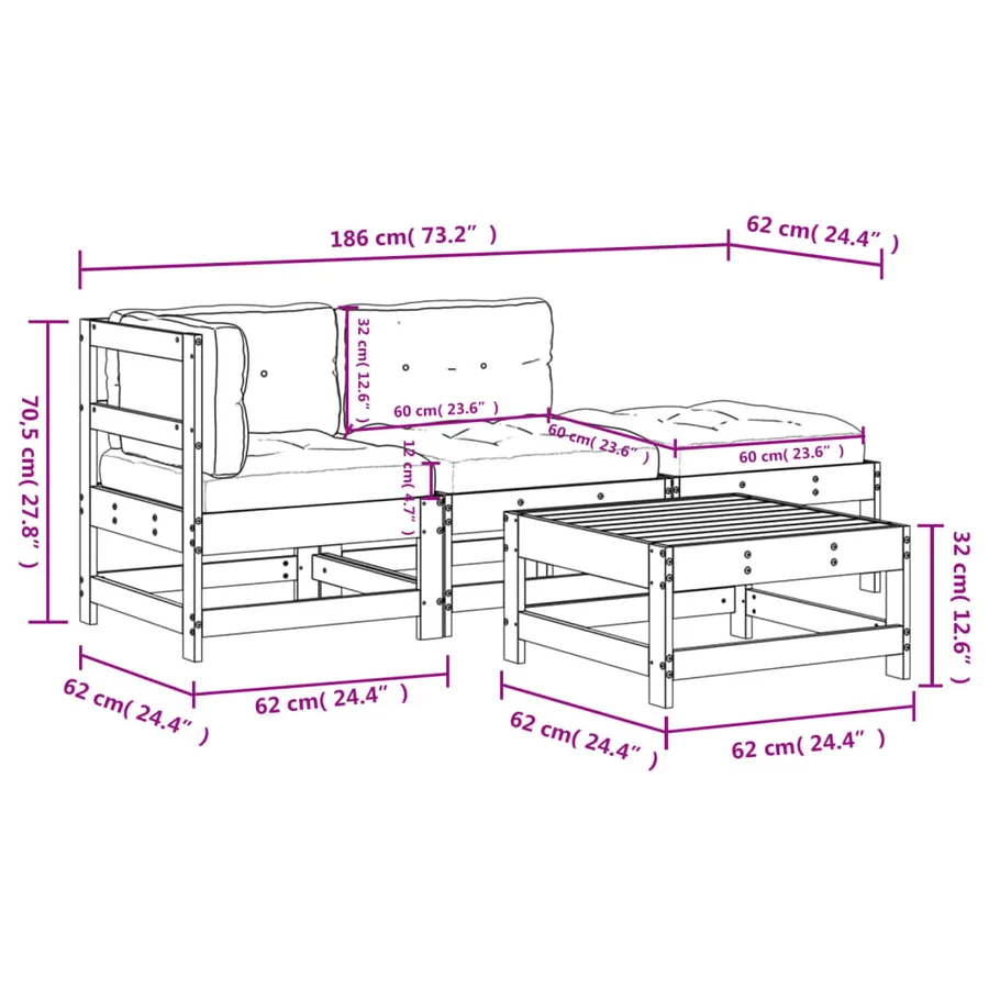 Salon de jardin 4 pcs avec coussins bois de pin imprégné - 9
