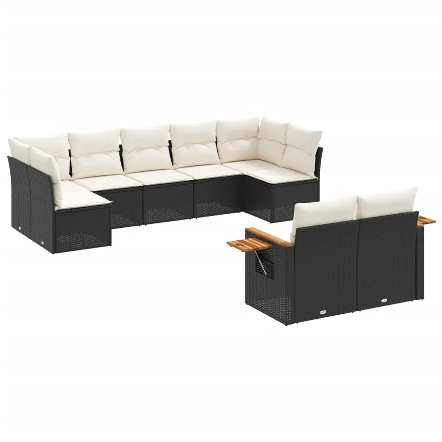 Salon de jardin 9 pcs avec coussins noir résine tressée - 2