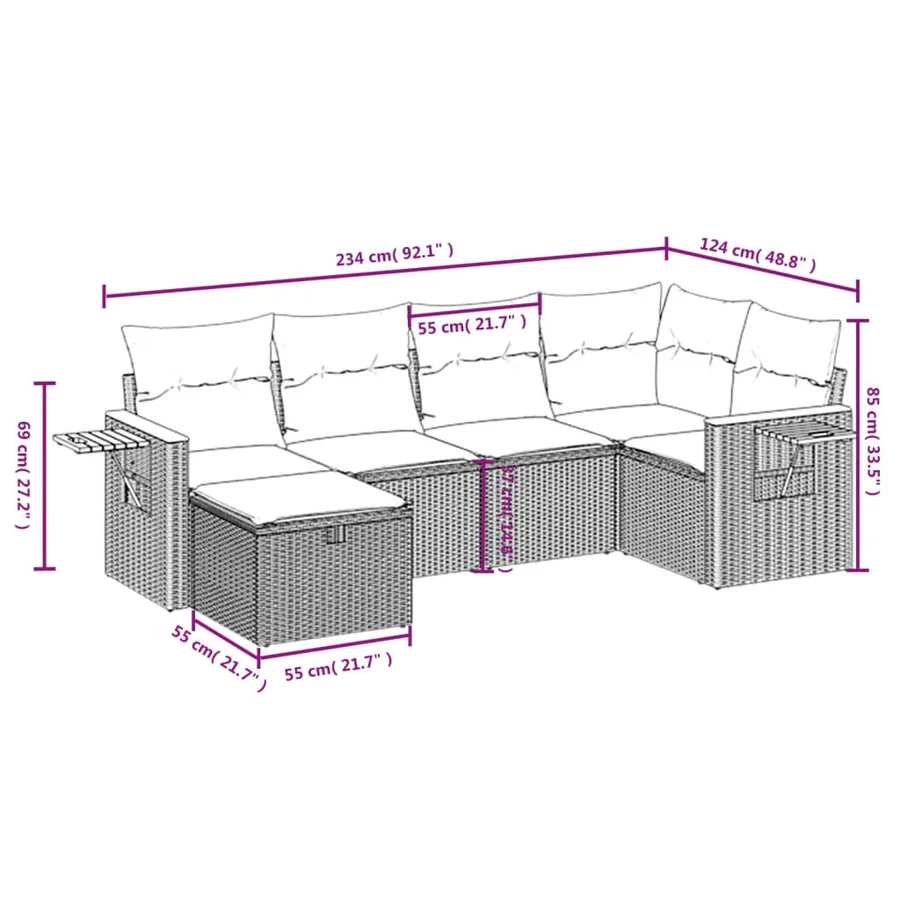 Salon de jardin 6 pcs avec coussins noir résine tressée - 4