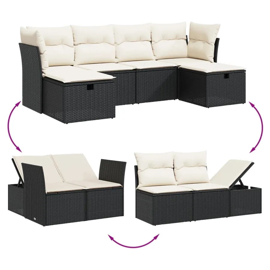 Salon de jardin 6 pcs avec coussins noir résine tressée - 3