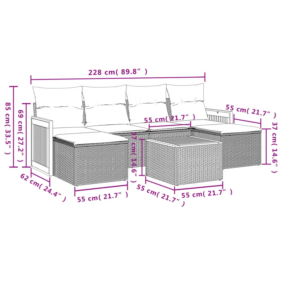 Salon de jardin 7 pcs avec coussins noir résine tressée 55 x 62 x 69 cm - 55,6 kg - 8