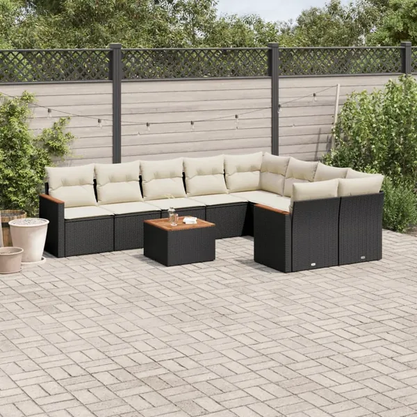 Salon de jardin 10 pcs avec coussins noir résine tressée