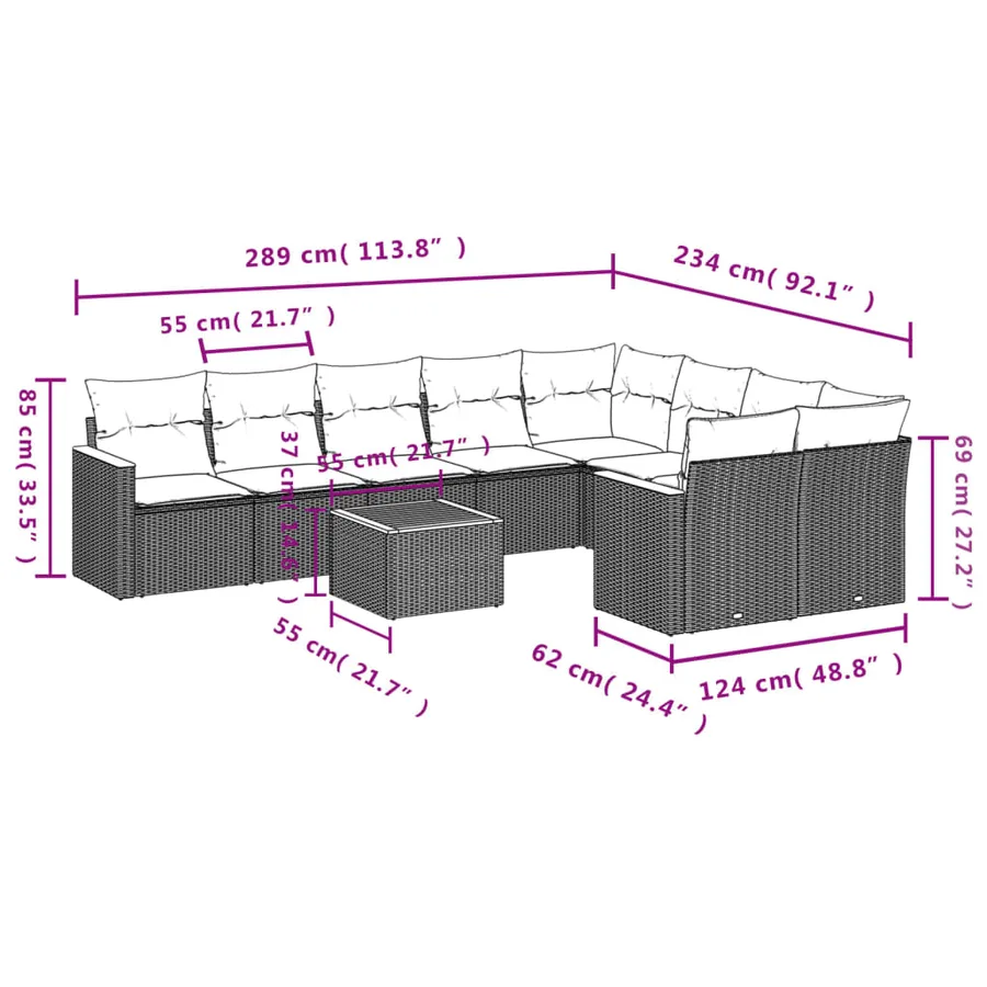 Salon de jardin 10 pcs avec coussins noir résine tressée - 8