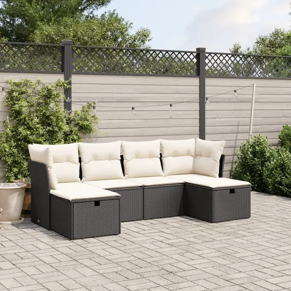 Salon de jardin 6 pcs avec coussins noir résine tressée
