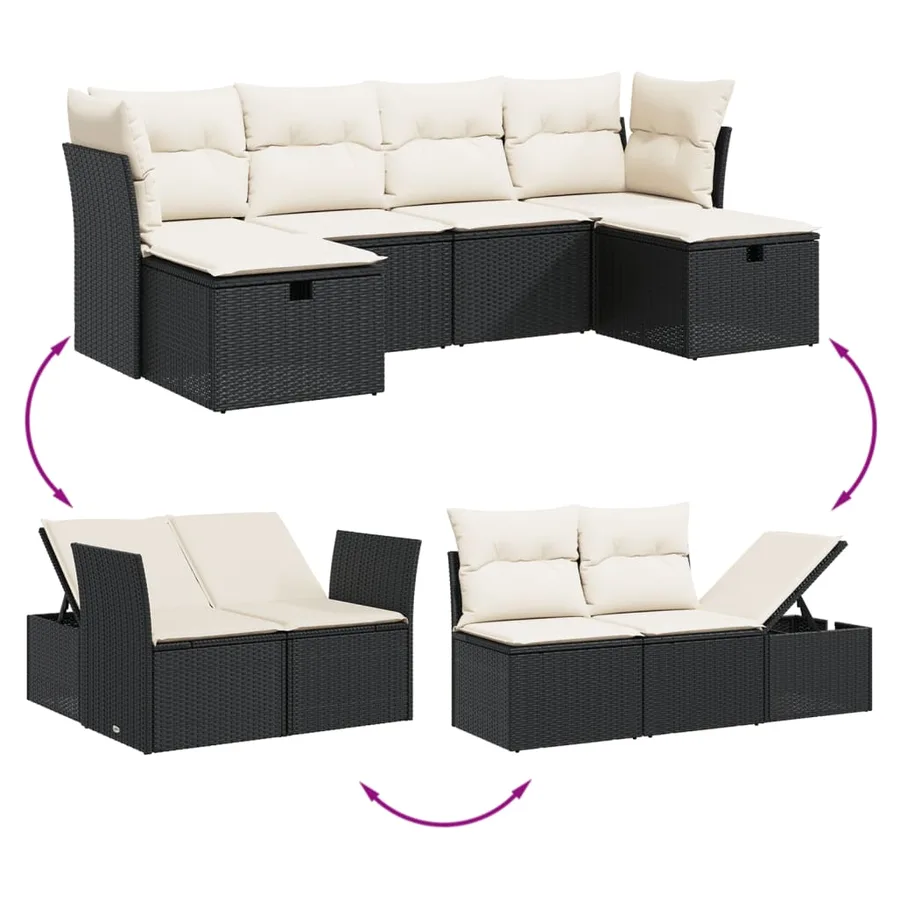 Salon de jardin 6 pcs avec coussins noir résine tressée - 3