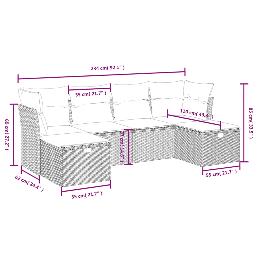 Salon de jardin 6 pcs avec coussins noir résine tressée - 4