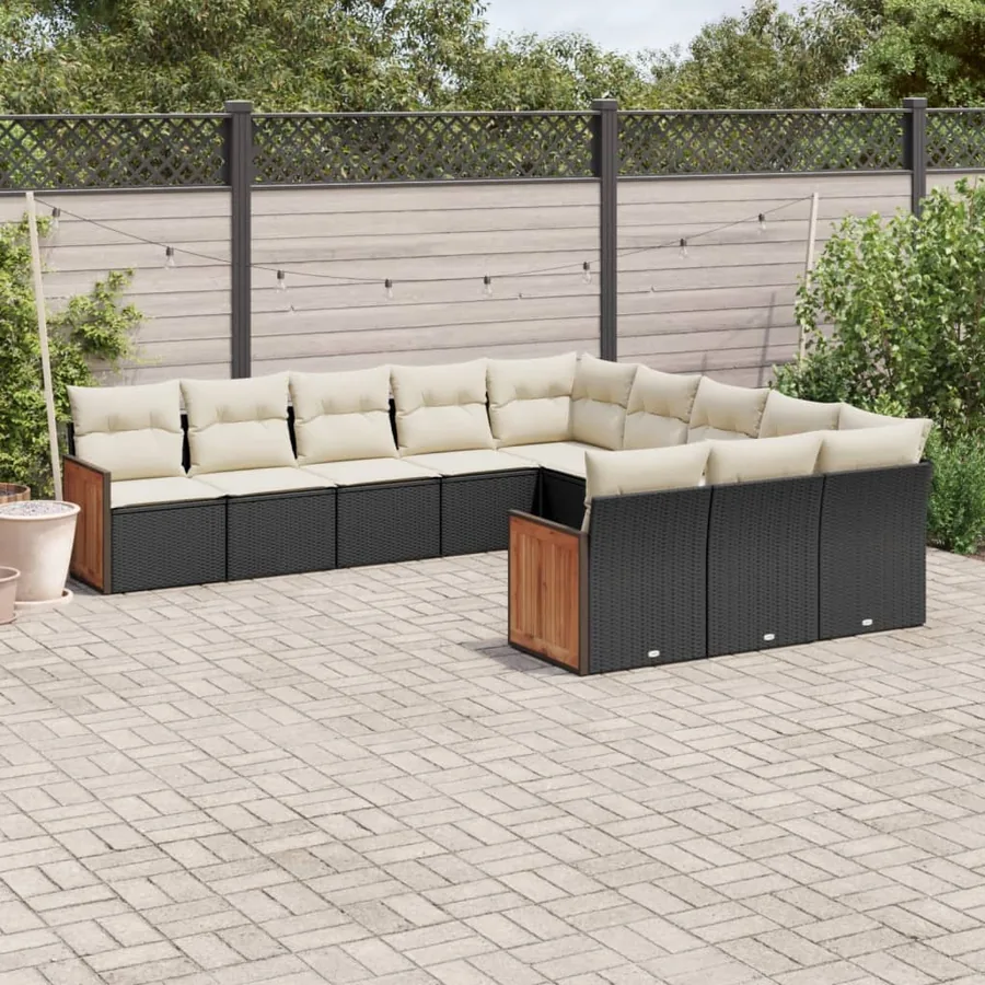Salon de jardin 11 pcs avec coussins noir résine tressée