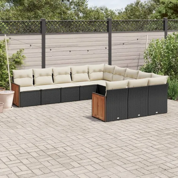 Salon de jardin 11 pcs avec coussins noir résine tressée