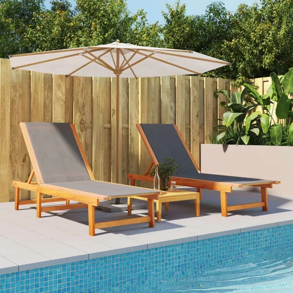 Chaises longues lot de 2 noir bois d'acacia solide et textilène