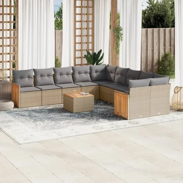 Salon de jardin 11 pcs avec coussins beige résine tressée