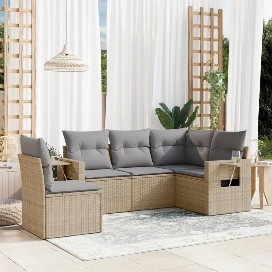 Salon de jardin avec coussins 5 pcs beige résine tressée