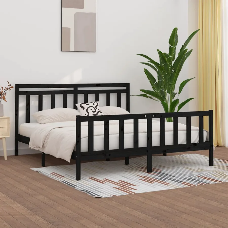 Cadre de lit sans matelas noir bois massif de pin 200x200 cm