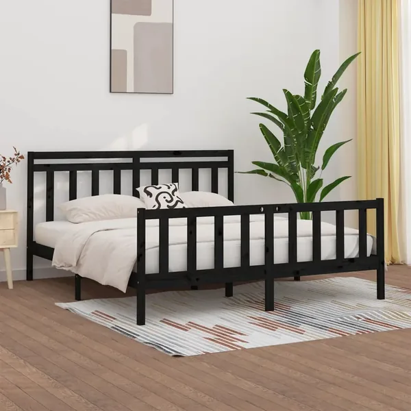 Cadre de lit sans matelas noir bois massif de pin 200x200 cm