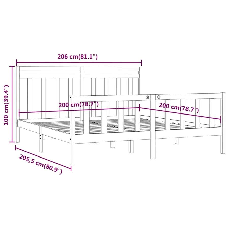 Cadre de lit sans matelas noir bois massif de pin 200x200 cm - 8