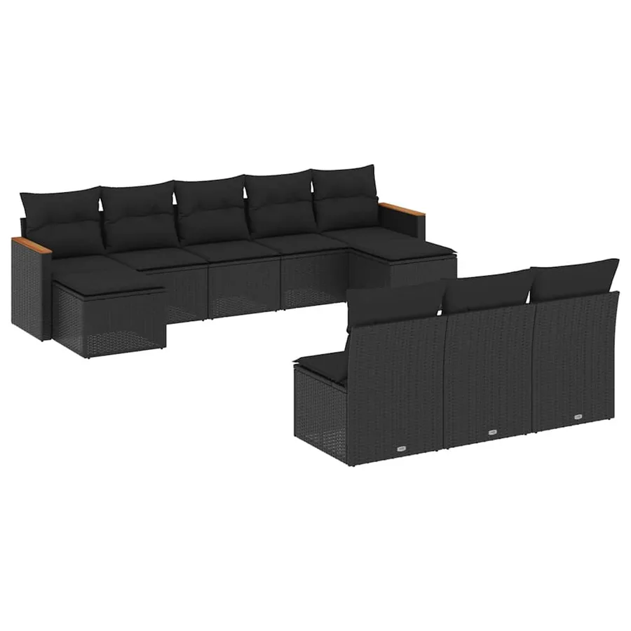 Salon de jardin 10 pcs avec coussins noir résine tressée - 2