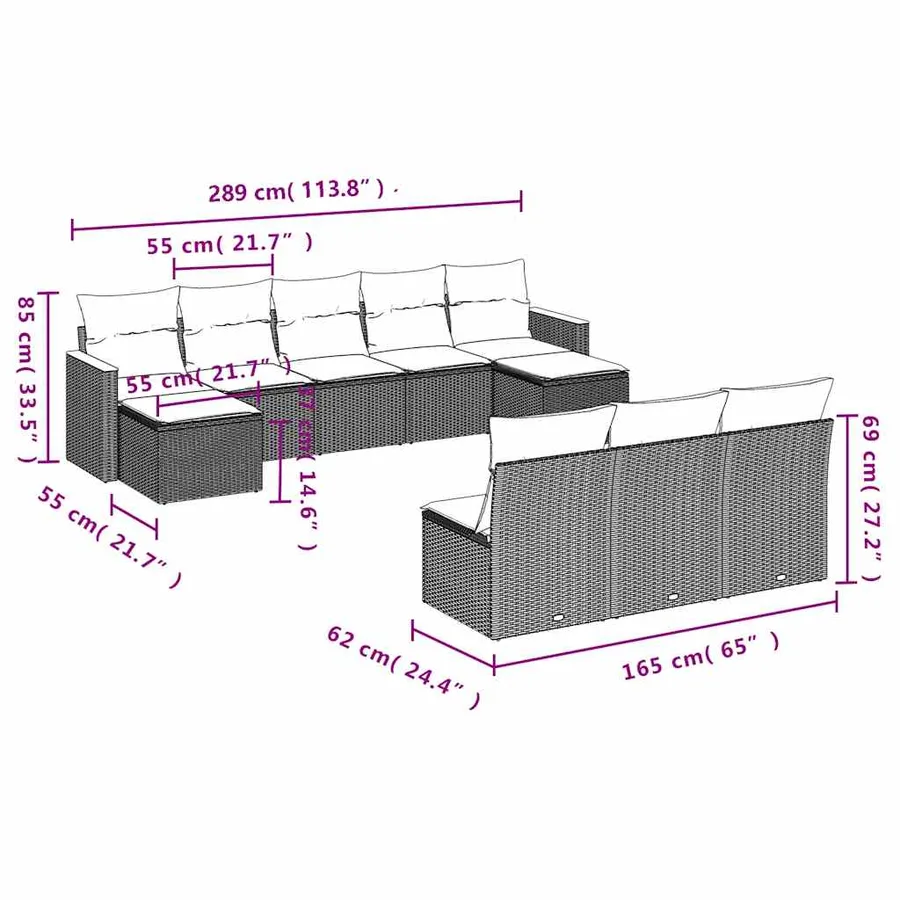 Salon de jardin 10 pcs avec coussins noir résine tressée - 3