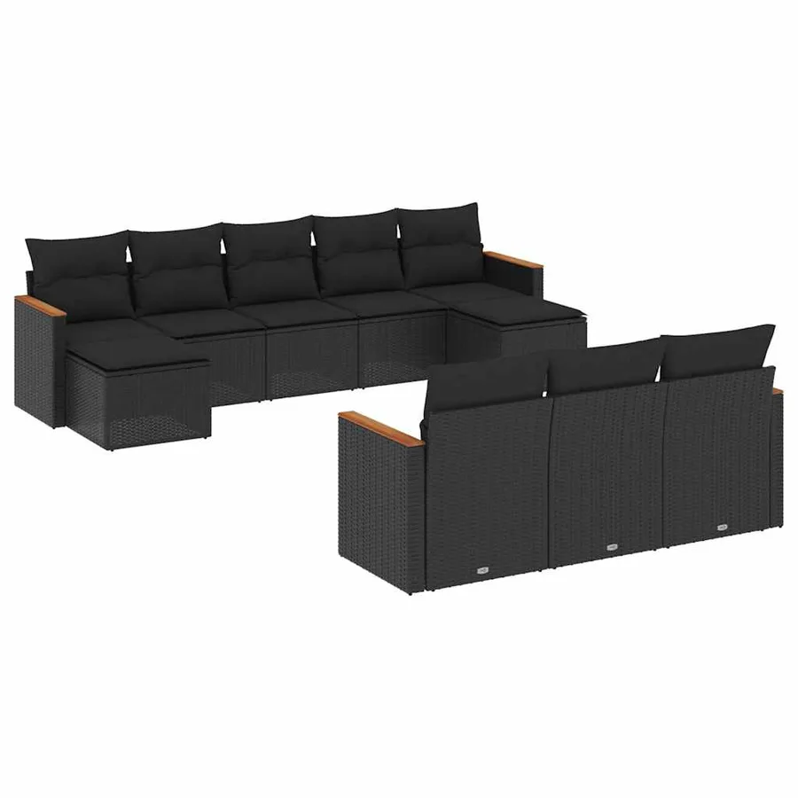 Salon de jardin 10 pcs avec coussins noir résine tressée - 2