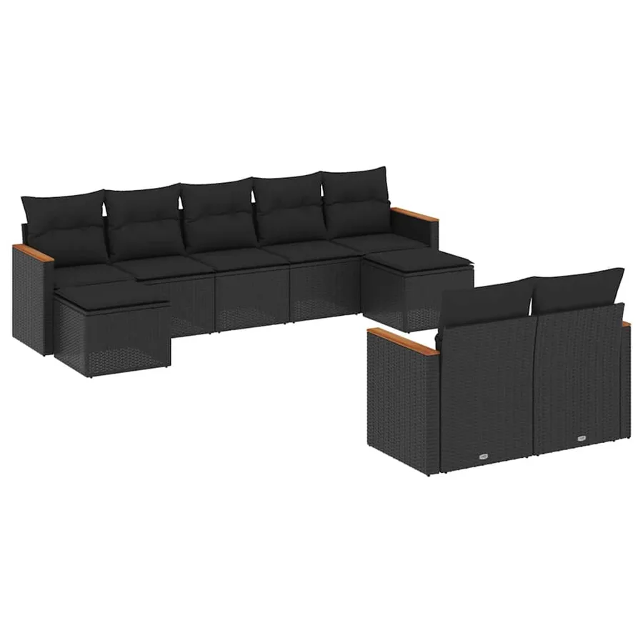 Salon de jardin 9 pcs avec coussins noir résine tressée - 2