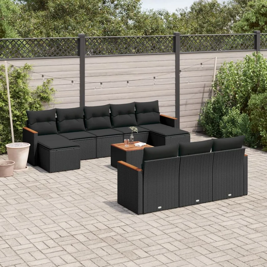 Salon de jardin 11 pcs avec coussins noir résine tressée