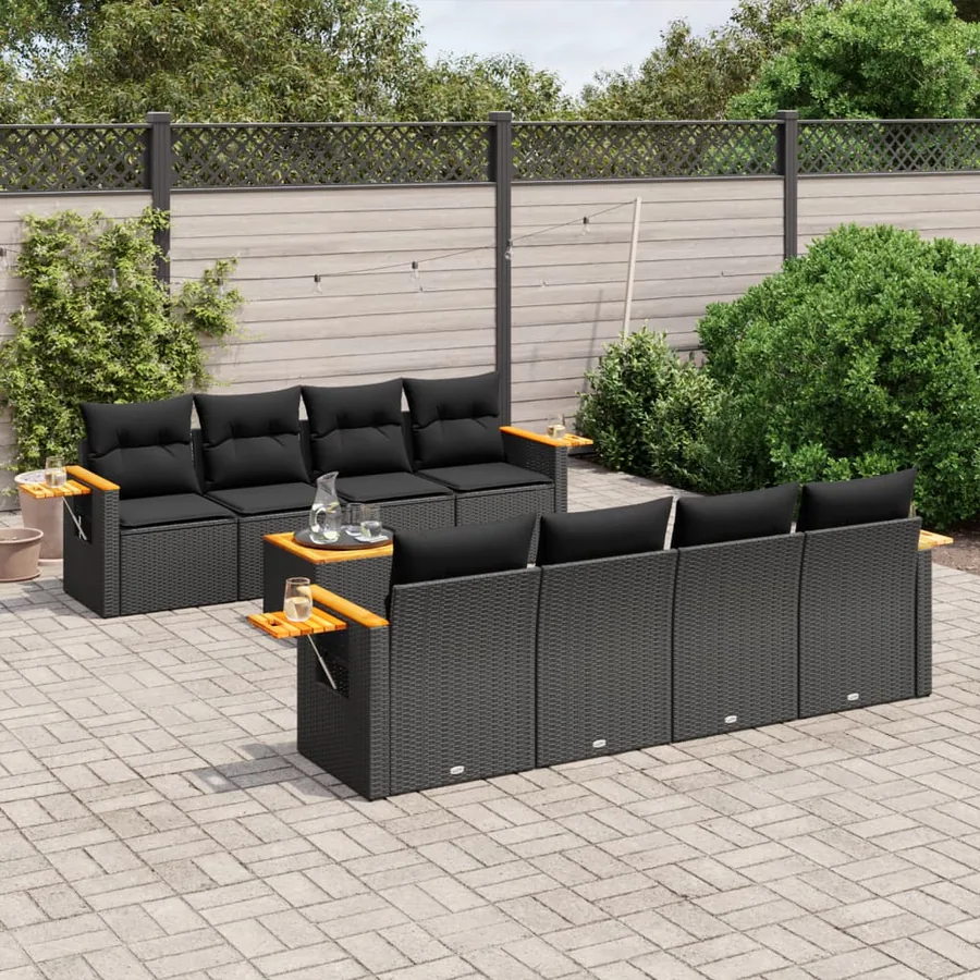 Salon de jardin 9 pcs avec coussins noir résine tressée