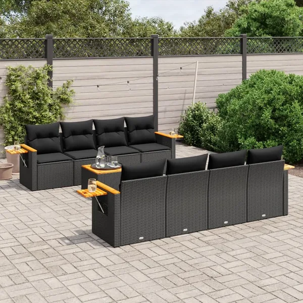 Salon de jardin 9 pcs avec coussins noir résine tressée