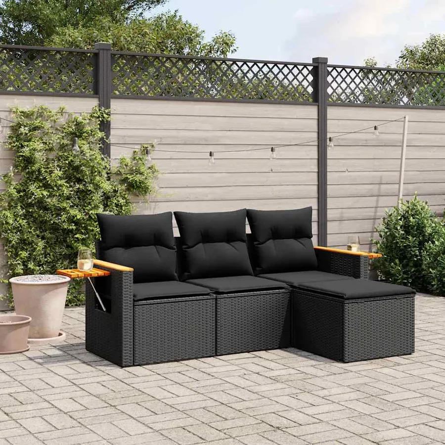 Salon de jardin 4 pcs avec coussins noir résine tressée