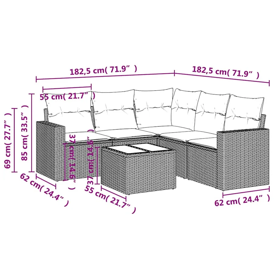 Salon de jardin 6 pcs avec coussins noir résine tressée - 8