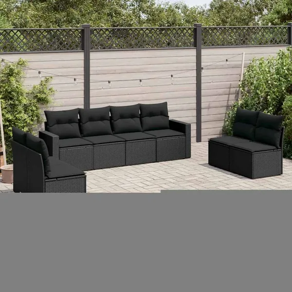 Salon de jardin 8 pcs avec coussins noir résine tressée