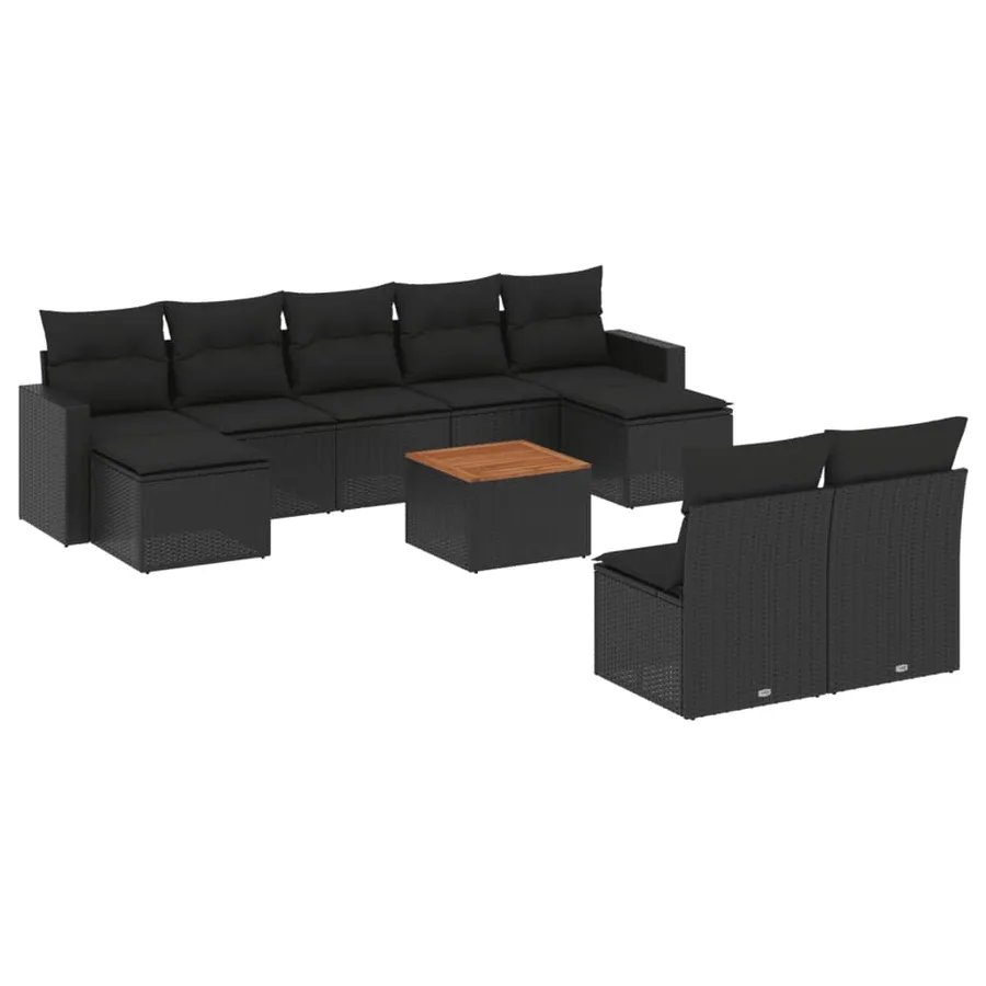 Salon de jardin 10 pcs avec coussins noir résine tressée - 2