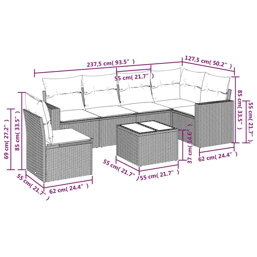 Salon de jardin 7 pcs avec coussins noir résine tressée 65,5 x 62 x 69 cm - 55,3 kg - 3