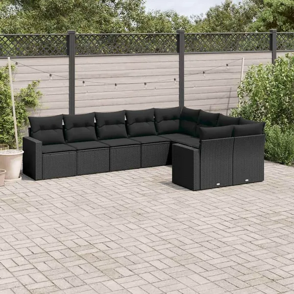 Salon de jardin 9 pcs avec coussins noir résine tressée
