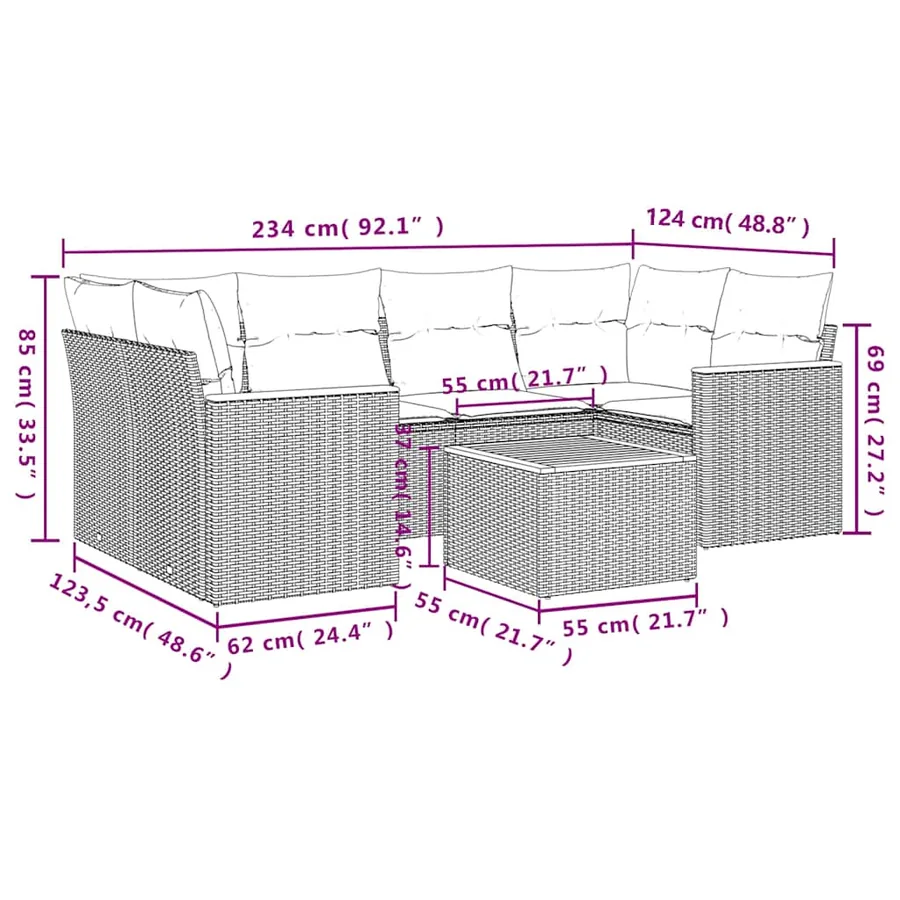 Salon de jardin 7 pcs avec coussins noir résine tressée 62 x 62 x 69 cm - 59,1 kg - 8