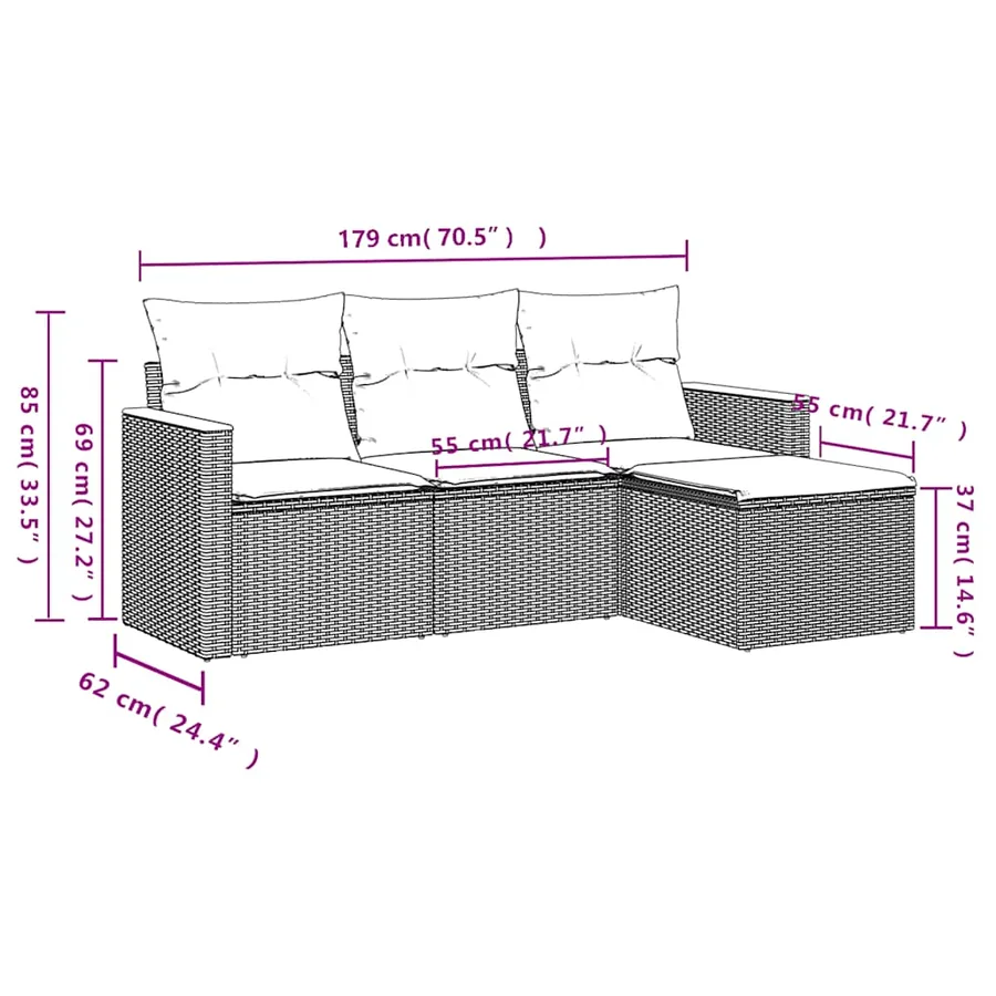 Salon de jardin 4 pcs avec coussins noir résine tressée - 7