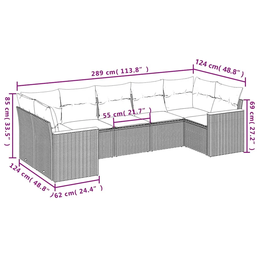 Salon de jardin 7 pcs avec coussins noir résine tressée 62 x 62 x 69 cm - 58,1 kg - 7