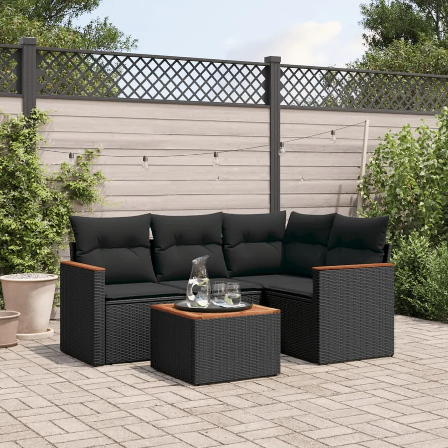 Salon de jardin 5 pcs avec coussins noir résine tressée