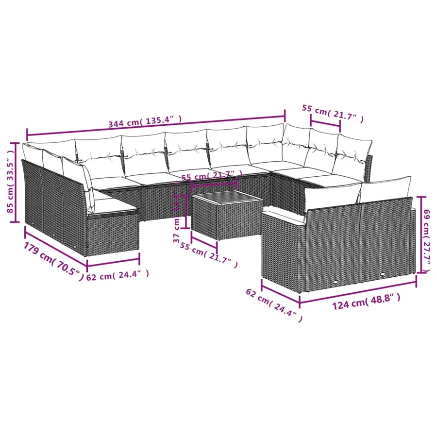 Salon de jardin avec coussins 13 pcs noir résine tressée - 8